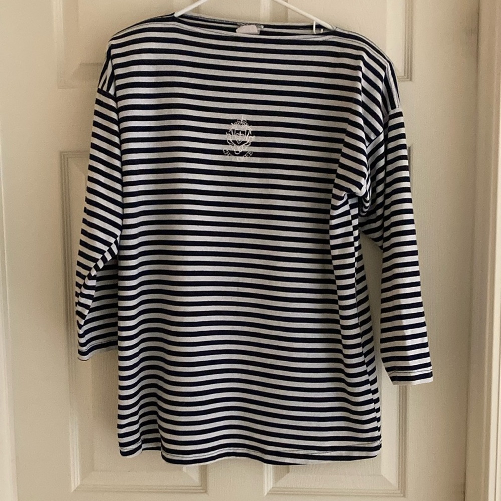 Vintage Cherokee Women's Maternity Navy/White Striped T-Shirt Medium